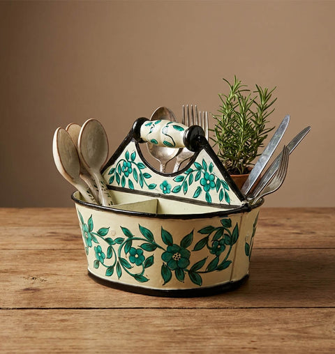 Hand-Painted Iron Cutlery Organiser with Floral Art (4 Compartments)