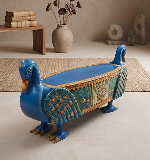 Hand Painted Blue Swan Bench with Crackle Finish