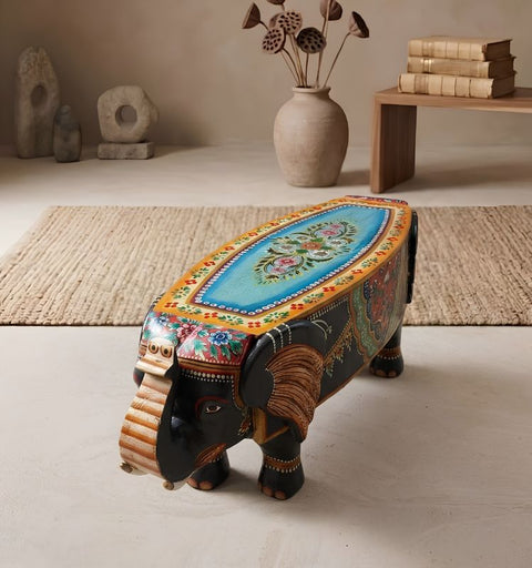 Hand Painted Wooden Elephant Bench