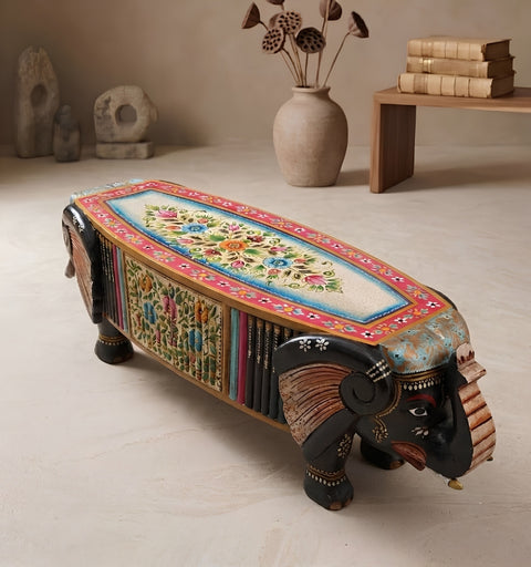 Hand Painted Crackle Finish Wooden Elephant Bench