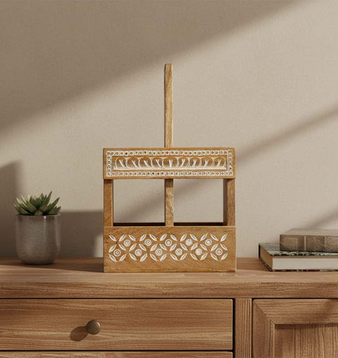 Handcrafted Wooden Carved Bottle Holder with 2 Compartments