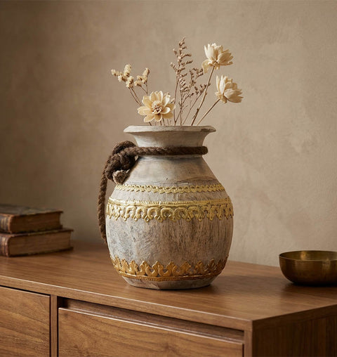 Handcrafted Wooden Pot with Brass Detailing