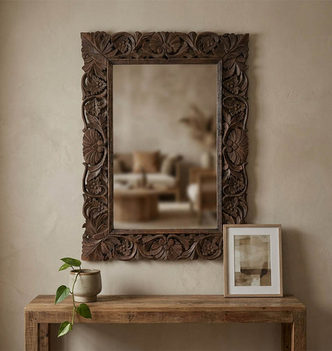 Hand-Carved Solid Wood Wall Mirror with Desert Brown Finish