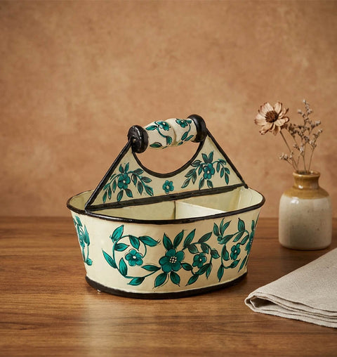 Hand-Painted Iron Cutlery Organiser with Floral Art (4 Compartments)