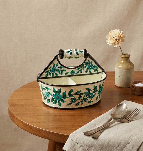 Hand-Painted Iron Cutlery Organiser with Floral Art (4 Compartments)