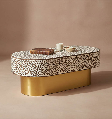 Floral Pattern Inlay Oval Shape Coffee Table