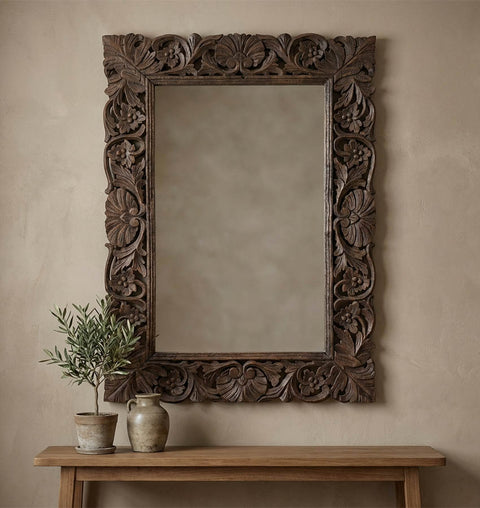 Hand-Carved Solid Wood Wall Mirror with Desert Brown Finish