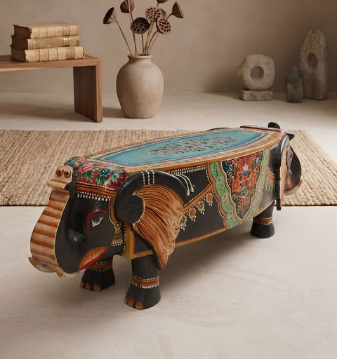 Hand Painted Wooden Elephant Bench