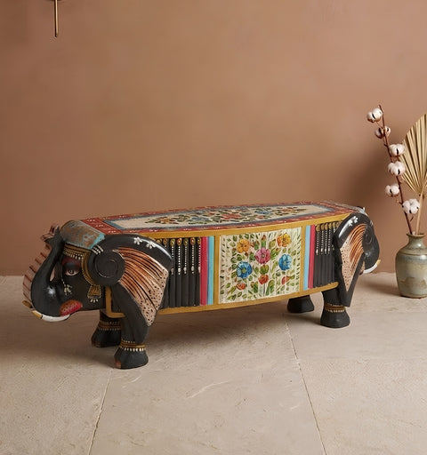 Hand Painted Crackle Finish Wooden Elephant Bench