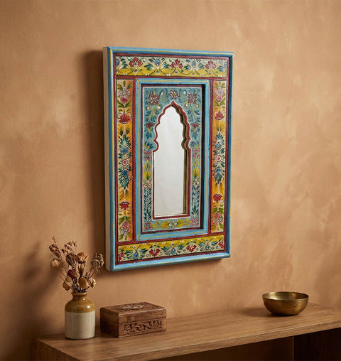 Hand Painted Solid Wood Wall Mirror with Traditional Floral Art