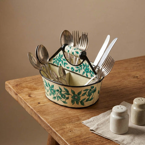Hand-Painted Iron Cutlery Organiser with Floral Art (4 Compartments)