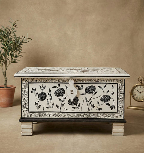 Handcrafted Painted Wooden Storage Trunk with Folk Art