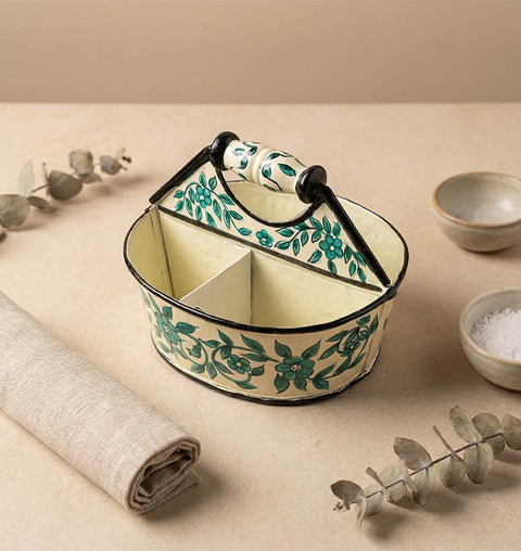 Hand-Painted Iron Cutlery Organiser with Floral Art (4 Compartments)