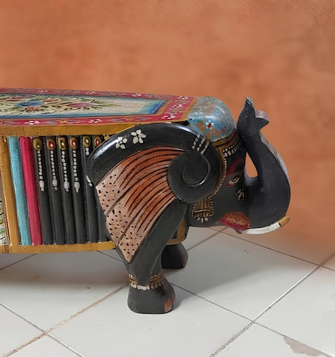 Hand Painted Crackle Finish Wooden Elephant Bench