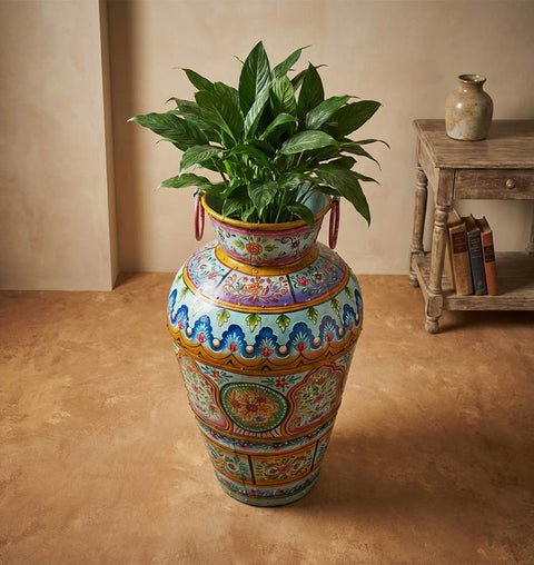 Handpainted Iron Folk Art Planter with Traditional Indian Motifs