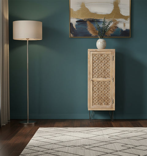 Hand-Carved Wooden Single Door Tall Cabinet with Intricate Lattice Design - Simply Home