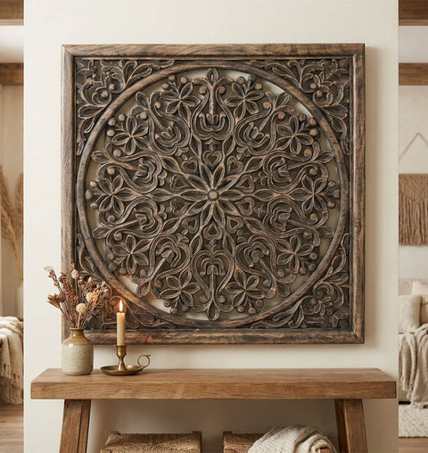 Handcrafted Solid Wood Floral Mandala Wall Carved Panel
