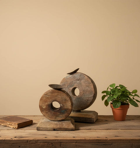 Rustic Wood Disc Candle Stand Set of 2