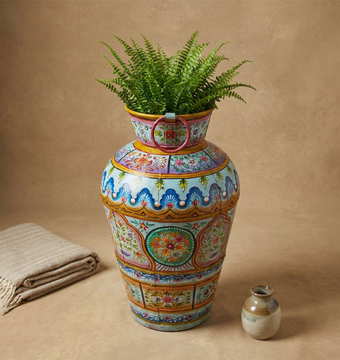 Handpainted Iron Folk Art Planter with Traditional Indian Motifs