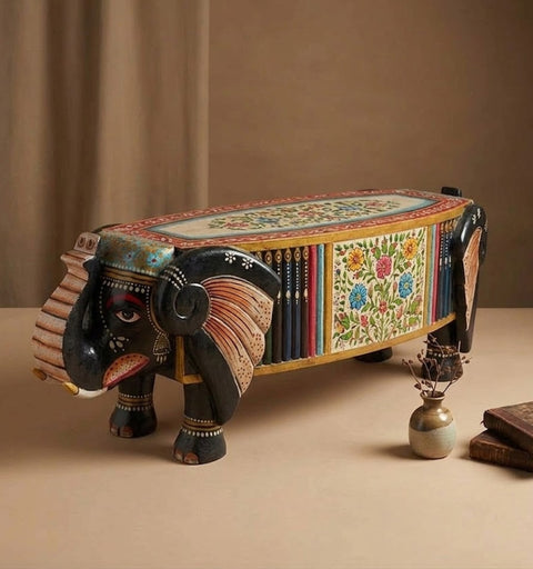 Hand Painted Crackle Finish Wooden Elephant Bench