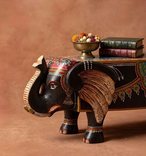 Hand Painted Wooden Elephant Bench