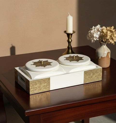 Handcrafted Wooden Brass Dry Fruit Box with 2 Steel Bowl Compartments