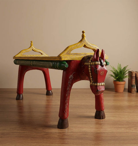 Handcrafted Double-Headed Horse Bench with Brass Detailing