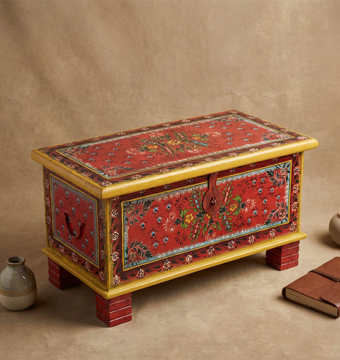 Handcrafted Painted Wooden Storage Trunk with Folk Art