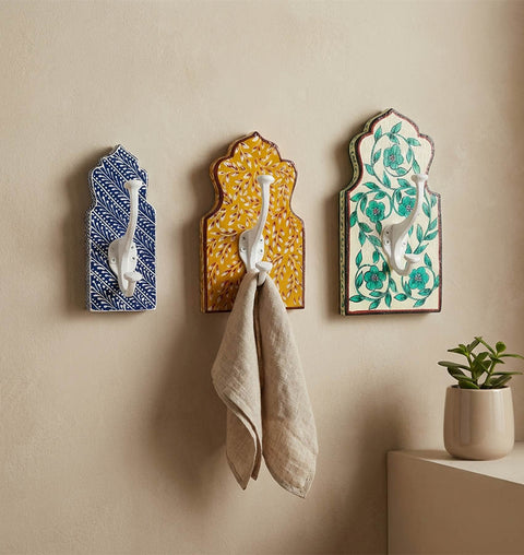 Hand-Painted Wooden Wall Hook Set of 3 with Folk Art Design