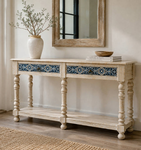 Natural Wooden Hand Carved Wooden Console Table