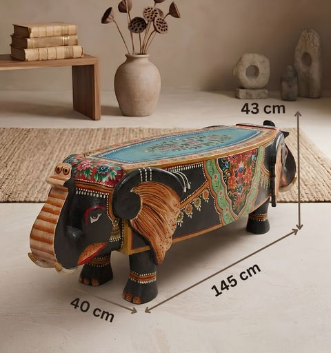 Hand Painted Wooden Elephant Bench