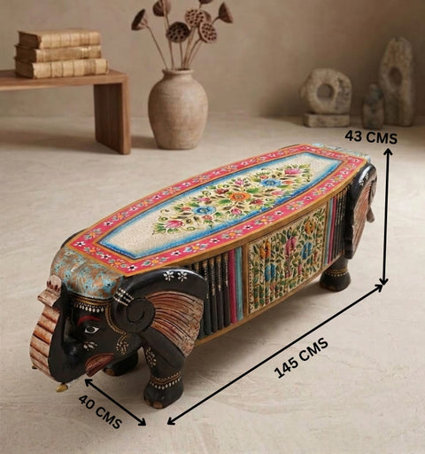 Hand Painted Crackle Finish Wooden Elephant Bench