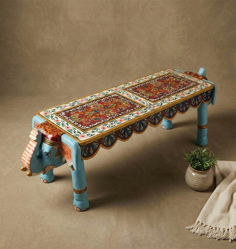 Gajraj Dvaya Handcrafted Double Elephant Wooden Bench