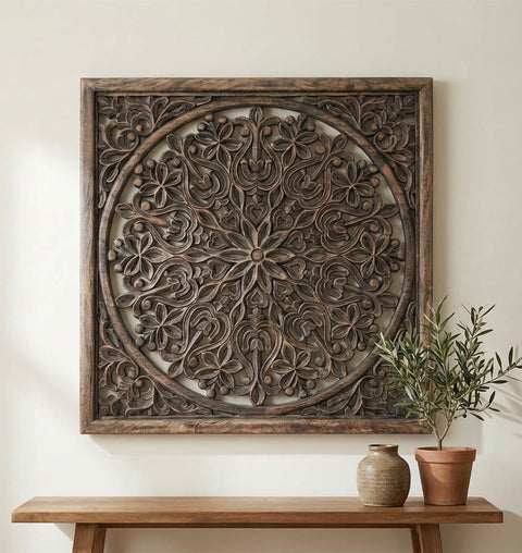 Handcrafted Solid Wood Floral Mandala Wall Carved Panel