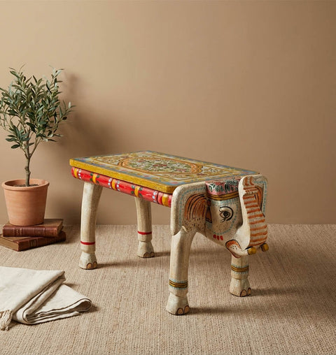 Handcrafted Elephant Bench in Solid Mango Wood with Crackle Finish