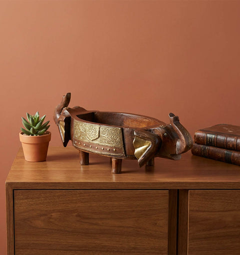 Double Headed Wooden & Brass Handcrafted Elephant Tray