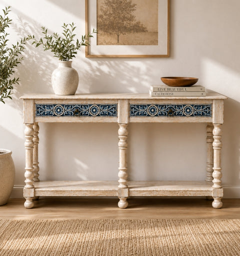 Natural Wooden Hand Carved Wooden Console Table