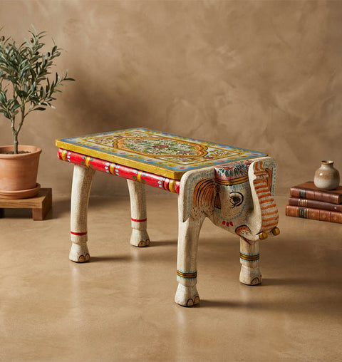 Handcrafted Elephant Bench in Solid Mango Wood with Crackle Finish