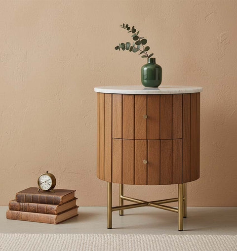 Round Marble Top Side Table with Iron Legs & Dual Drawers