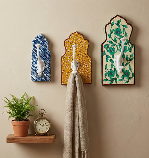Hand-Painted Wooden Wall Hook Set of 3 with Folk Art Design