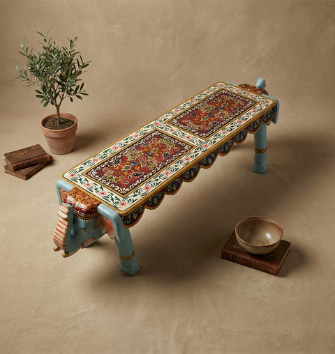 Gajraj Dvaya Handcrafted Double Elephant Wooden Bench