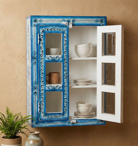 Handcrafted Blue Crackle Painted Wooden Wall Cabinet