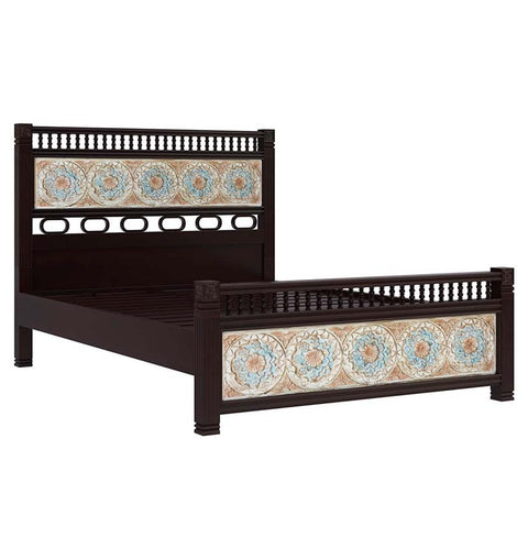 Ornate Blossom Solid Wood King Bed with Intricate Tile Design