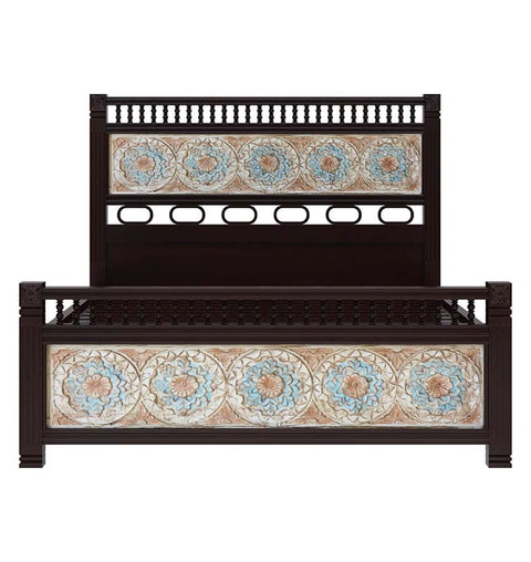 Ornate Blossom Solid Wood King Bed with Intricate Tile Design