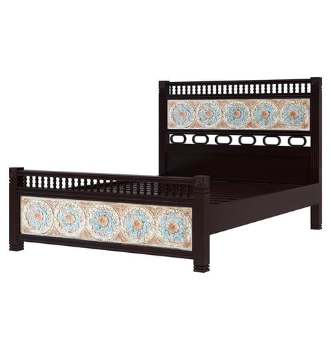 Ornate Blossom Solid Wood King Bed with Intricate Tile Design