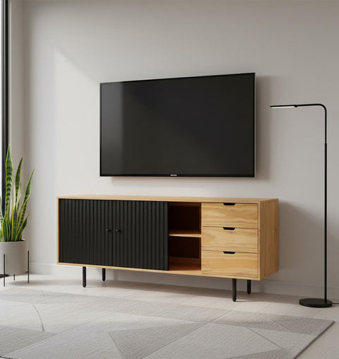 Modern Sideboard with Ribbed Black 2 Doors and 3 Drawers - Simply Home