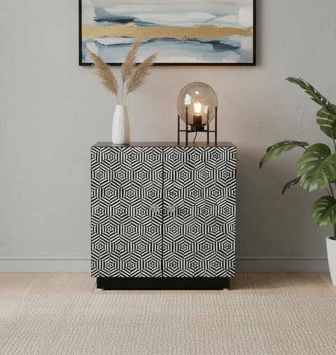 Black & White Geometric Inlay Wooden 2 Door Cabinet Modern Design