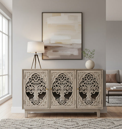 Artisan Carved 3-Door Wooden Sideboard - Simply Home