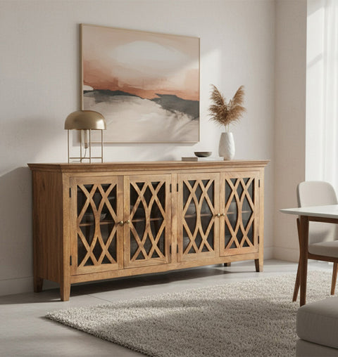 Charming Wooden 4 Door Sideboard Mullion Glass Doors