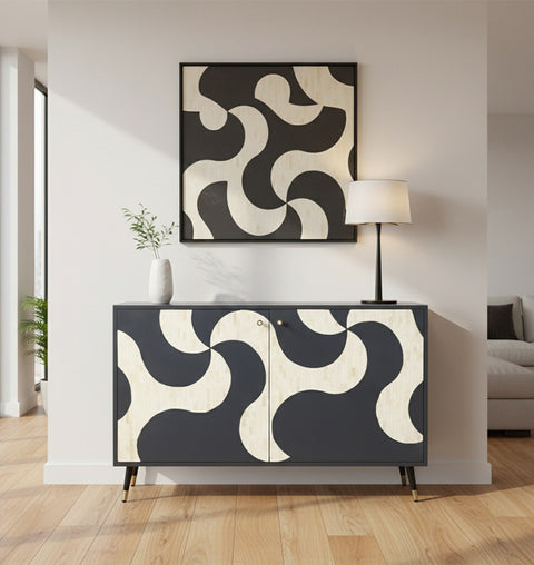 Contemporary Bone Inlay 2 Doors Cabinet with Iron Stand